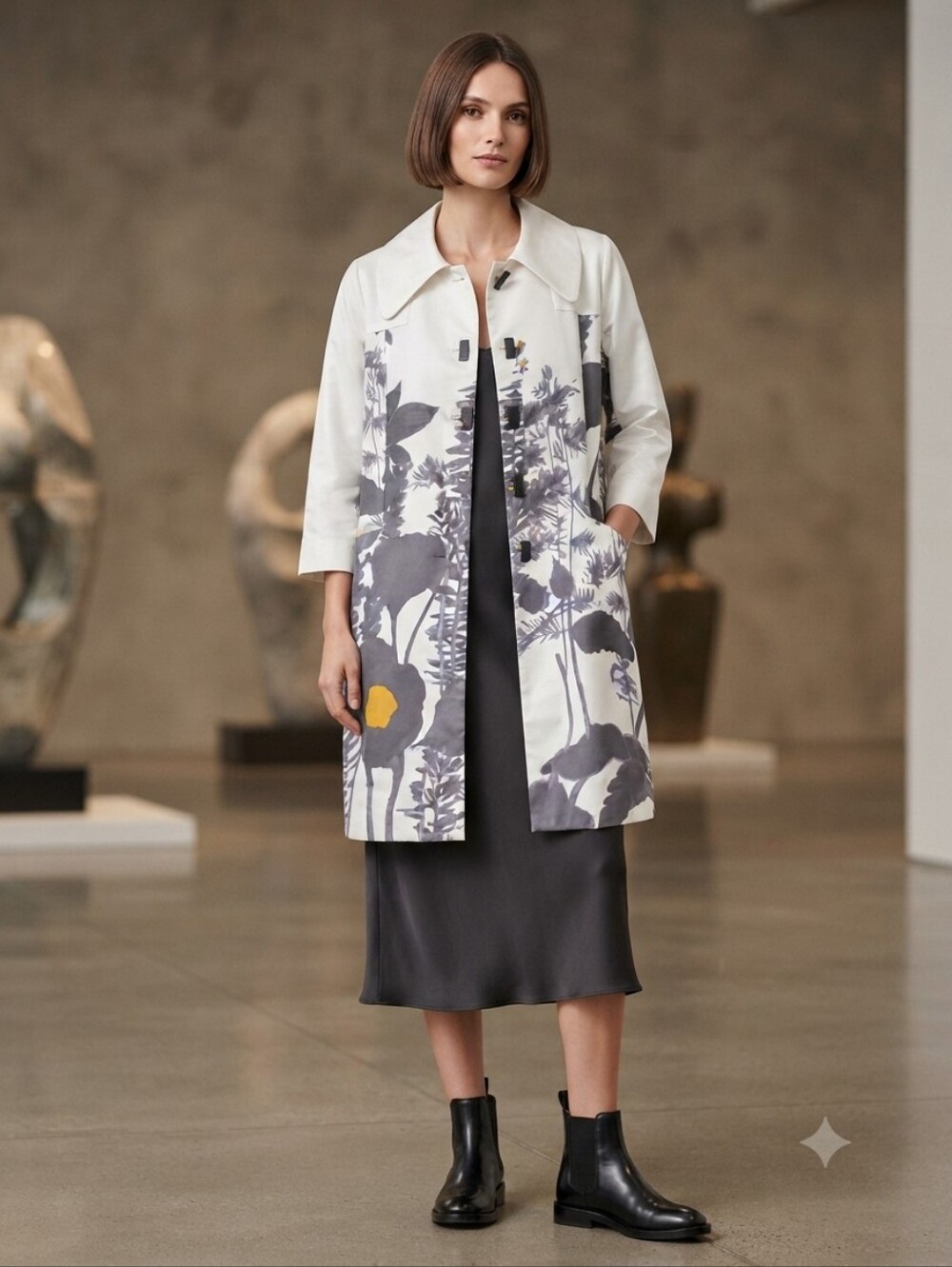 BCBGMAXAZRIA Floral Trench Coat Ivory Gray Yellow Retro Buttons Size L Lined